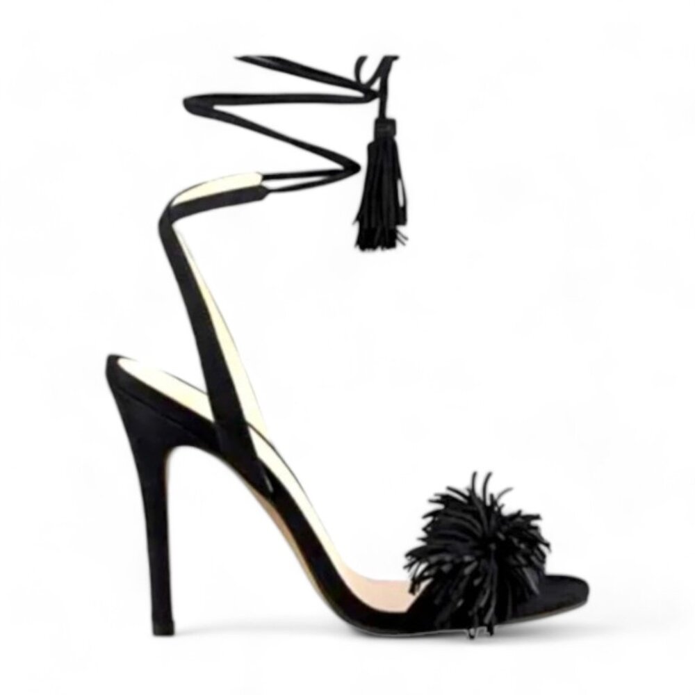 Le Chateau Vegan Black Fringed Lace Up Tassel Heels Size 8 NWOT